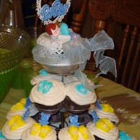 Baby Shower Cupcakes Baby booties on cupcakes made a cute centerpiece for this baby shower. I put a baby cake topper on the top of the cupcake tree.