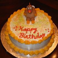 Gobble Gobble Birthday Thanksgiving birthday cake! Fondant turkey was inspired by a member on Cakecentral.com. Cake sugar crystals on top. Buttercream icing with...