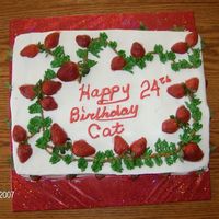 Strawberries Chocolate fudge with buttercream icing. Strawberries are real and placed on just before the party.