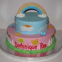 Rainbow And Butterflies Design was patterned after the invitation.12" and 8" cakes. 12" is chocolate cake with caramel filling, 8" is yellow...