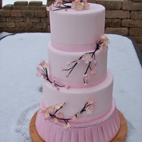 Pale Pink And Gumpaste Cherry Blossoms! Pale pink fondant covered dummy cake, 6, 7 & 9 inch round layers. Decorated with fabric ribbon at the base of each layer and hand made...