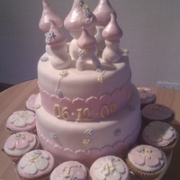 Bethanys Christening 8" and 6 " madeira with vanilla and raspberry filling. vanilla cupcakes to coordinate with raspberry filling. Covered with...