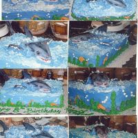 Sharky Birthday Birthday cake for an 8 year old boy. 13x9in cake pan, 2 layer cake decorated with buttercream frosting and fondant used to make the shark...