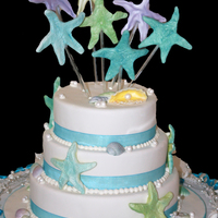 Seaside Wedding Gumpaste shells and starfish, Chocolate Mud cake covered in RTR fondant.