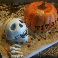 Fall Baseball Cake - Pumpkin And Skeleton Completely edible.....The pumpkin is cake....thanks for all the help on this one in the"how to" forum....the skull is cereal...