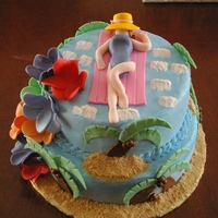 Relaxing Day This is a two tiered cake made of vanilla cake with strawberry creme filing. The cakes are covered in buttercream with fondant details.