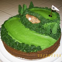 Golf Course Cake 10" round cake topped w/6" round. Carved out sand trap, filled w/brown sugar which soaked in, so I added more after pics. Frosted...