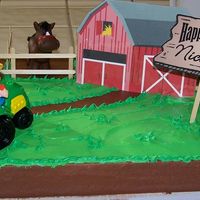 Farm Themed Birthday Cake First cake semi-decorated. Son's 2nd b-day party. Bought qtr-sheet cake at Costco frosted in chocolate icing w/no decoration. Frosted...