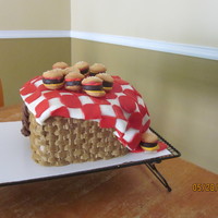 Picnic Basket Cake With Hamburgers Basket weave three layer cake with fondant blanket, handles. Hamburgers made from vanilla wafers and peppermint patties held together with...