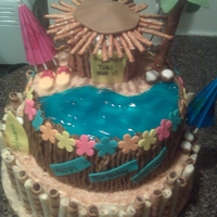Tajuana's Luau Bday Cake Pina colada cake top and bottom layers and cupcake (tiki hit)....fondant accents, candy flip flops...drink umbrellas...pretzel sticks on...