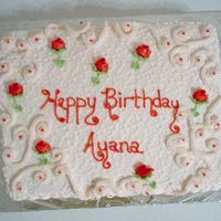 Ayana's Birthday cake for my church member 12 x 18 sheet cake strawberry with real strawberries baked in the cake- another hit!