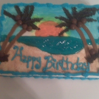Church Cake For July Bdays butter cake with lemon curd filling......palm trees in buttercream///fondant coconuts.....piping gel and sky blue water and lemon/orange...