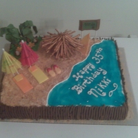 Nikki's Bday Cake pretzel palm tree w/fondant leaves anc cocunuts, beach towels, pillow, sign....cupcake tiki hut w/pretzels...candy flip flops...graham...