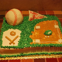 Baseball Cake Baseball is cake wrapped in Fondant, Bat, Gloves, Balls, and Bases are all Fondant. Dirt is Graham Cracker crumbs.