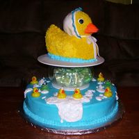 Baby Duks And Frogs Shower Cake Baby duck with bonnet and frogs