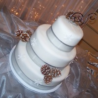 Winter Wedding Cake Fondant covered wedding cake with glistening royal icing snowflakes and real pine cones.