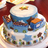 Baby Shower Train The train is made from Rice Crispy Treats and the cars are topped with Chocolate chips