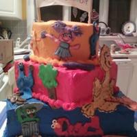 Sesame Street Cake this is a cake my sister and i id together for her 2 kids' birthdays. the characters are painted and cut out of fondant. theres a lot...