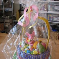 Easter Basket Bunny Wrapped Easter basket with bunny and his stash of eggs from the hunt. Fondant over carrot cake (of course!) with cotton candy grass, and...