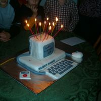 Jeb's Computer Cake The bottom (pc) is a 9"X13" cake, and the top (monitor) is three 8" square layers. All chocolate covered in fondant. All...