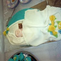Kt's Christening Cake My sons christening cake. Choc cake covered in fondant and buttercream. The baby and bear are made from fondant.