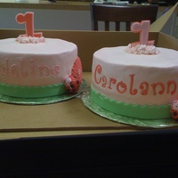 Twin Baby Bday 8" ladybug cakes for twin baby girls. Vanilla almond buttercream with fondant accents. They also ordered 2 dozen cupcakes to give as...