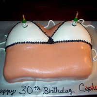 Champagne Bottle Bra Cake - Birthday For my 31-year-old stepson on his birthday. White almond cake frosted with buttercream. Covered in flesh-colored fondant. White fondant bra...
