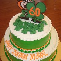 Leprichaun Cake Leprichaun cake iced with buttercream. Handmade chocolate leprichaun and clovers.