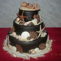 Beach Cake Chocolate cake covered in chocolate fondant. Molded chocolate seashells and gumpaste sun bather.