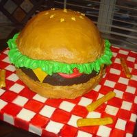 Hamburger This cake was so much fun....and not too difficult! It's buttercream with fondant tomato, cheese, tablecloth and french fries. The...