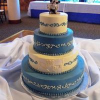 Wedgewood Blue alternating tiers of white and wedgewood blue...I decorated this cake for the bakery I work at with freehand scrolls. Yes....the topper is...