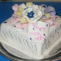 40Th Birthday Cake For My Mom I made this for my mom. It is fondant with painted designs on the "wrapping paper". The bow is left over bow loops from some of...