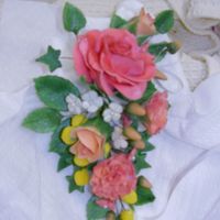 Rose Spray Gum paste rose, rose buds, carnations, mimosas, filler flowers and ribbon. Thanks for viewing.