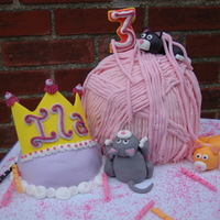 Kitty Cake Play Large ball of cake yarn covered in fondant with kittens playing around. accented with a princess tiara for the birthday girl