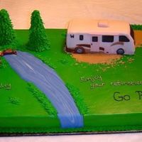 Rv Retirement Cake I made this cake for a retirement party. The RV is cake covered in fondant. River and path are fondant and cake is covered in buttercream...