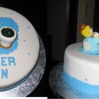 Baby Boy Baptism Cake One tier almond cake covered in foundant. Angel, baby and fountain were made in gum paste. Piping gel was added to the fountain to look...
