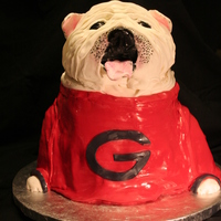 Uga This was groom's cake for a huge GA Bulldog fan. The head is rice crispy treats and the body is white cake with raspberry filling...