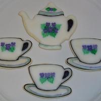 Violet Tea Set! I got new cookie cutters and just had to try them out! I made a tea set with NFSC and glace, then handpainted violets and stripes!