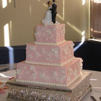 Pretty In Pink Pink buttercream iced cake with fondant flowers.