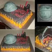 Star Wars Death Star All BC with exception of wax Vader that came as candle. cake is done by layering chocolate with yellow cake batter that was colored yellow...