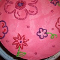 Hailey's Sparkly Flower Cake White cake with raspberry filling and faux fondant BC. The flowers were freehand and then I brushed shimmer dust over the top.