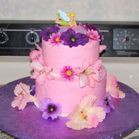 Tinkerbell two tier cake, top tier is vanilla, bottom tier is chocolate. This was for a 5 year old girl's tinkerbell tea party, she wanted pinks...