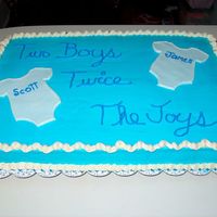 Twin Boys Baby Shower Baby shower cake for twin boys, the onesies are made of fondant. Iced in buttercream.