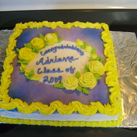 Yellow Roses And Border This a just a chocolate cake with buttercream frosting. The roses and border and piped buttercream also. I used Wilton color spray for the...