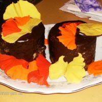 Sour Cream Coffee Cake Sour cream cake with cinnamon, cocoa, and crushed pecans covered in a dark chocolate glaze hugged with white chocolate leaves.