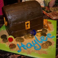 Haylee's Treasure Birthday for a 9 year old girl... chocolate cake, 6in cakes cut in half stacked in a row for the top of the chest. Covered in fondant "...