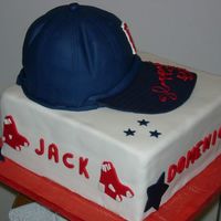 Red Sox Cake 10"Chocolate cake-Caramel SWMB; Fondant and gum paste designs. I used &acirc;6 cake pan & half of the welton ball pan. Brim is...