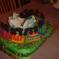 Upsherin Train Cake This is my labor of love for my delicious 3 yr old. An upsherin is a ceremony for a Jewish boy's first haircut. The trains were made...