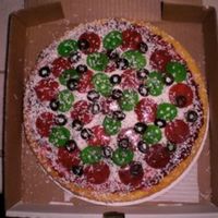 Pizza Cake I made this one for my sister. She loves pizza with pepperoni, black olives and jalapenos.