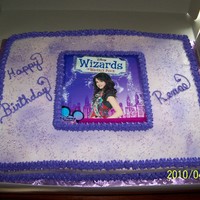 Wizards cake for a young lady who loves selena gomez. The cake is covered in buttercream, but the picyure of Selena is just a picture